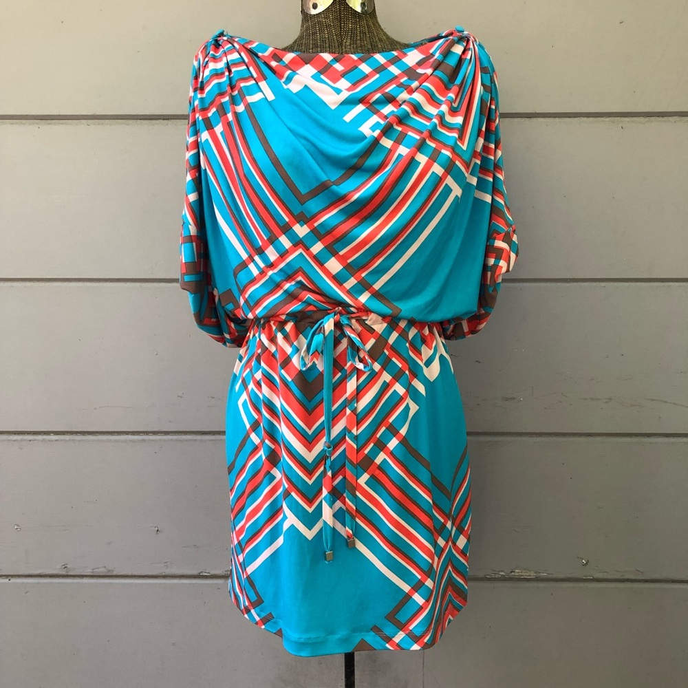 Colorful Convertible-Sleeved Geometric Print Dress